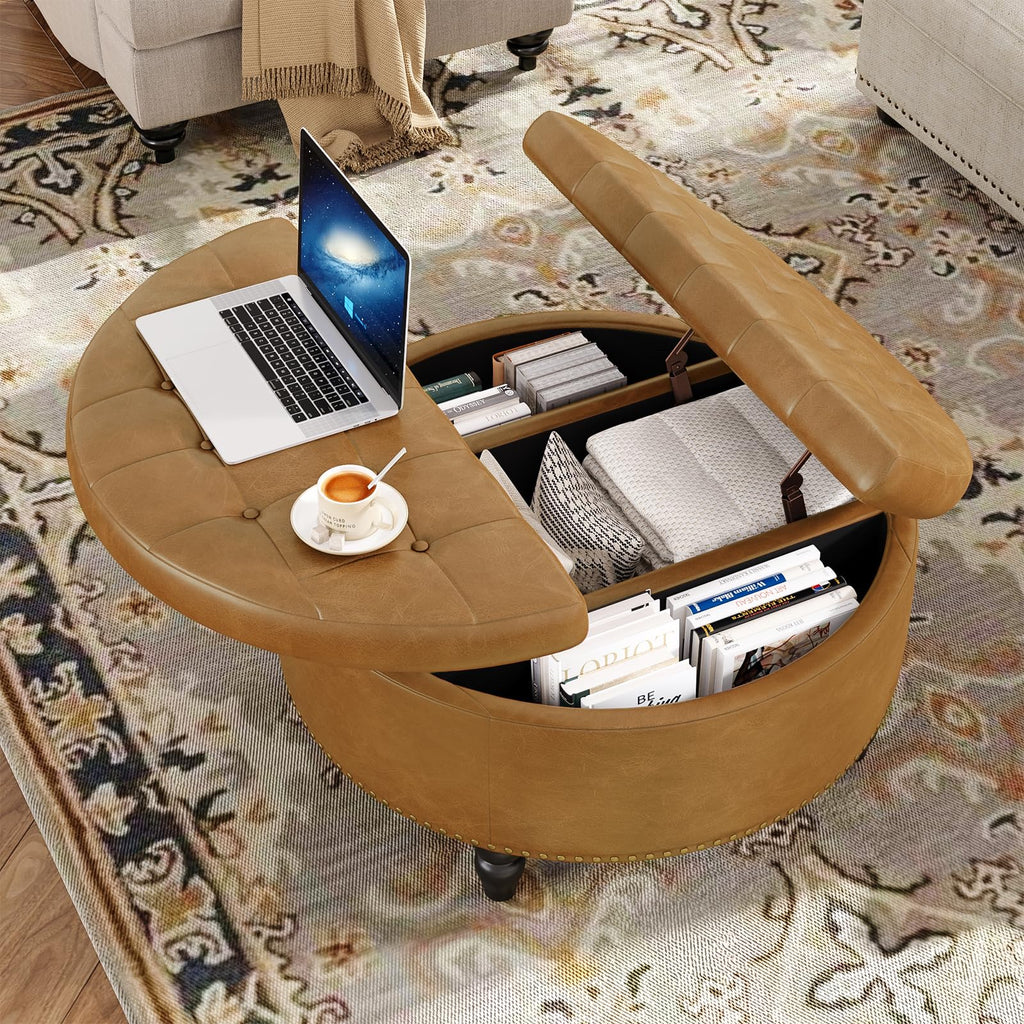 31.5 Inch Large Round Ottoman with Storage Circular, Camle