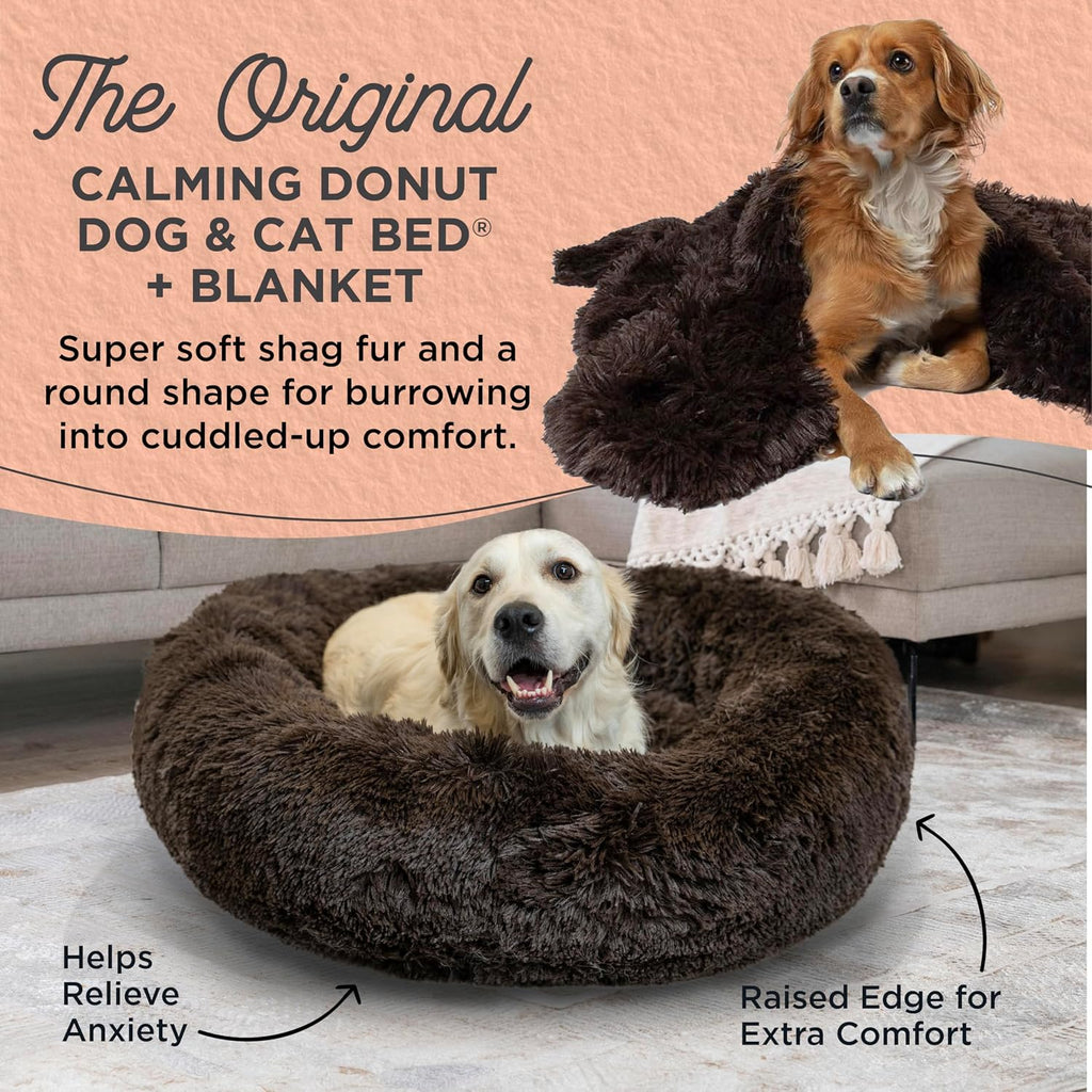 Bundle Set The Original Calming Shag Donut Cuddler Cat and Dog Bed + Pet Throw Blanket, Dark Chocolate, Large, 36x36