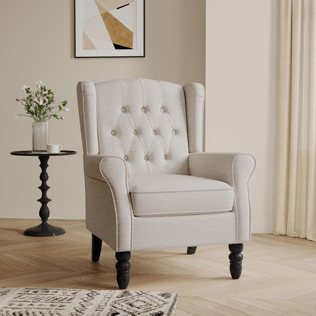 Accent Chair, High Back Upholstered Chair with Button Tufted, Mid-Century Modern Comfy Wingback Chair Reading