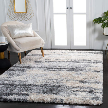 Fontana Shag Collection Area Rug - 6'7" Square, Grey & Ivory, Non-Shedding & Easy to Clean, Plush Thick Pile, Ideal