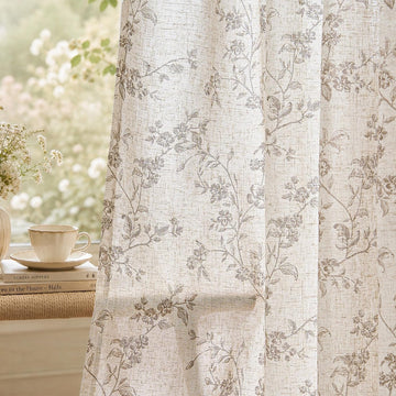 Floral Linen Curtains 96 Inch Length Taupe Flower Curtain Rod Pocket Back Tab Farmhouse Curtains with Printed Floral