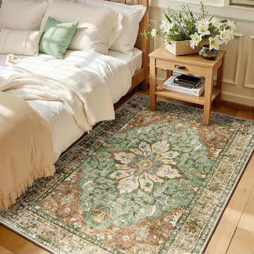 Area Rugs 3'x5' Washable Non-Slip, Floral Vintage Distress Medallion Carpet for Living Room Bedroom 