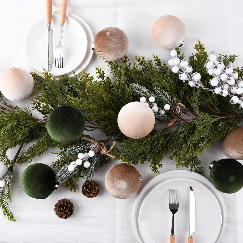 Christmas Tree Ornaments Velvet Balls - Pack of Shatterproof Xmas Bulbs Decorations Set - Multicolor Green - Set of 15