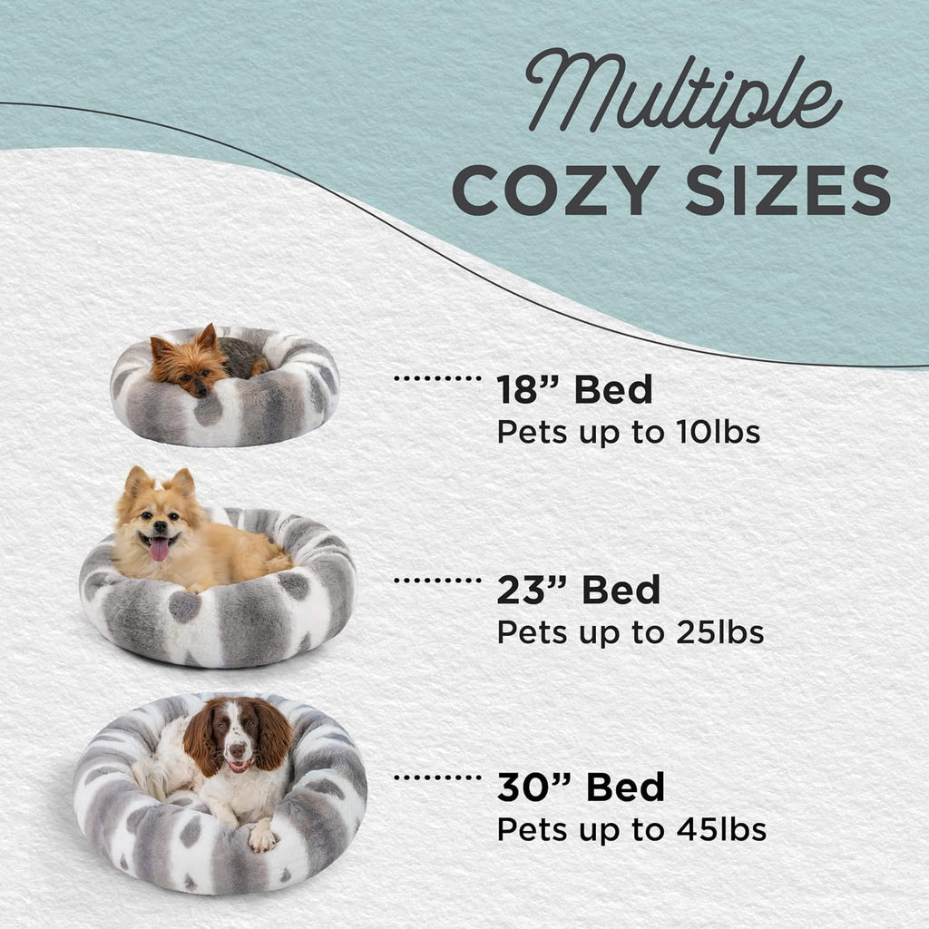 Patterned Lux Faux Fur Calming Donut Dog Bed, Gray, Small, 23x23