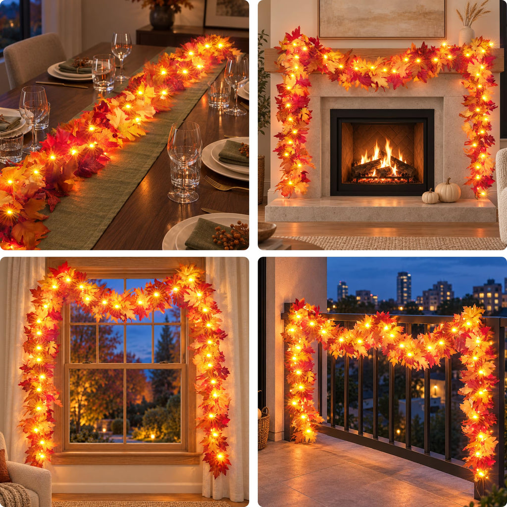 Fall Decorations 18 FT Pre-lit Fall Garland with 100 LED Orange Lights, 8 Lighting Modes, Timer, Battery Operated