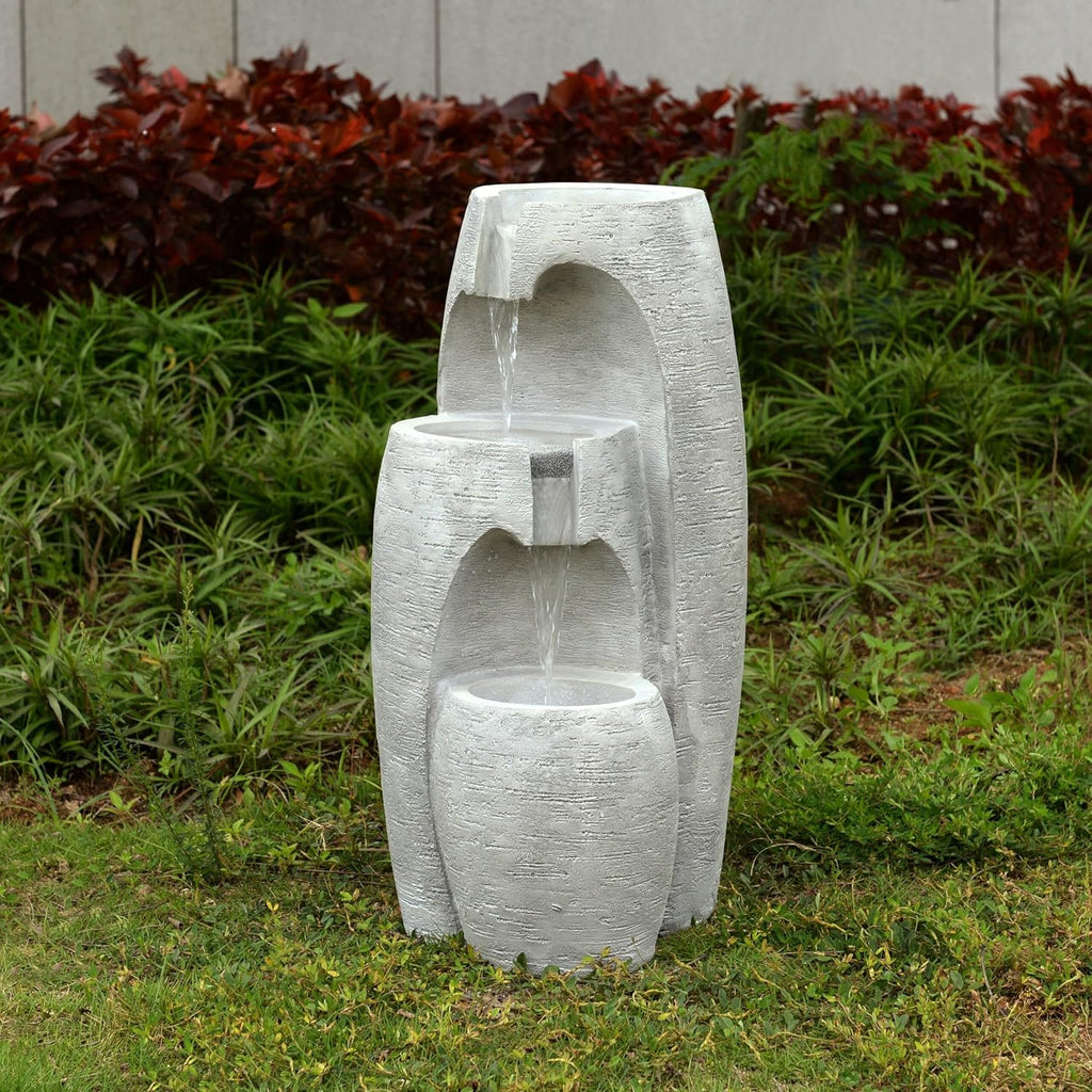 3-Tier Cascading Urn Outdoor Water Fountain - Warm Glow Lighting with Adjustable Flow & Electric Pump, Gray