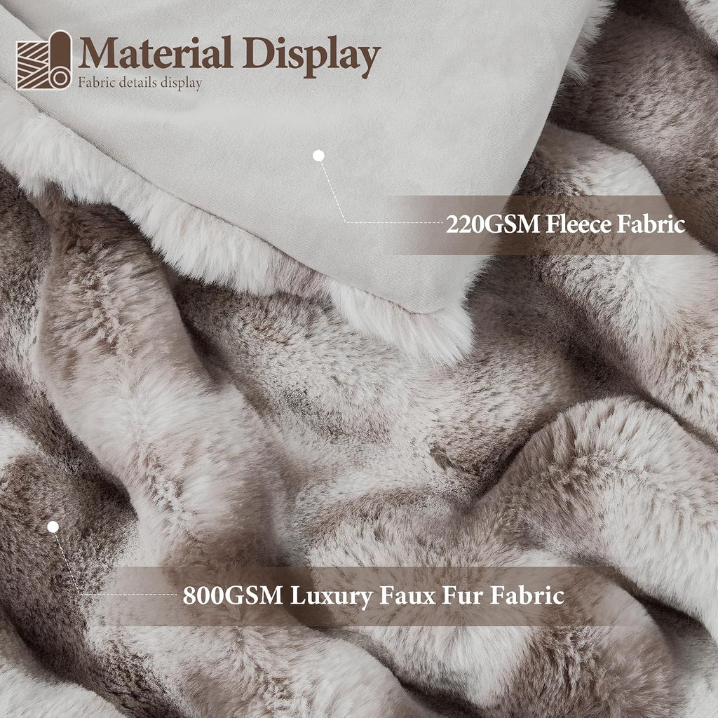 1000GSM Faux Rabbit Fur Throw Blanket, Super Heavy Warm Cozy Brown Blankets for Couch Bed Sofa, Ruched Plush Fuzzy
