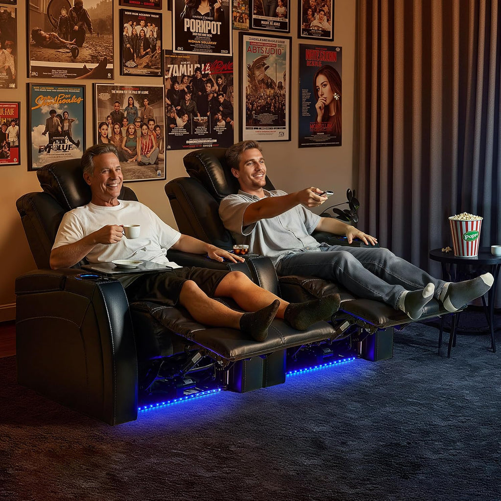 MCombo Dual Motors Leather Recliner with Power Headrest, Home Theater Seating with Armrest Storage HTS422 (Black)