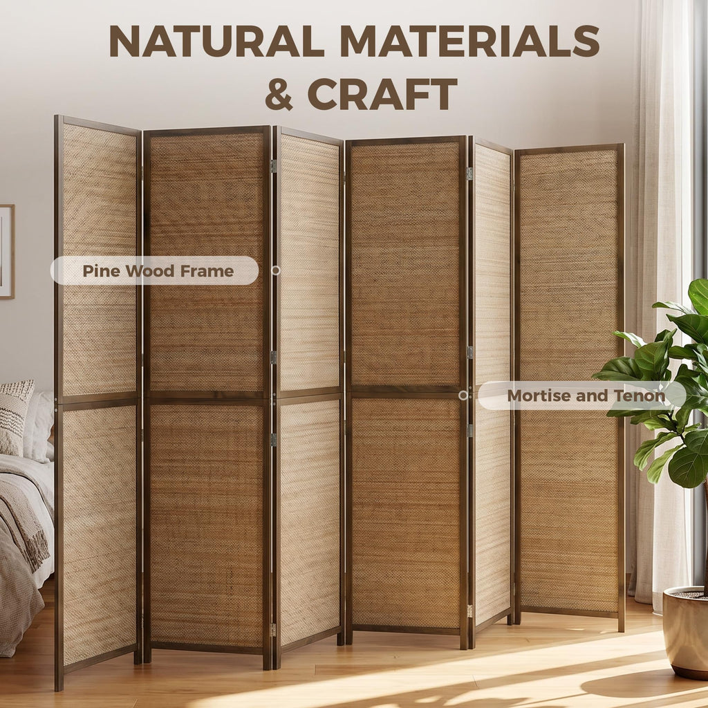 6 FT Room Divider, 6 Panel Hand-Woven Bamboo Privacy Screen Brown