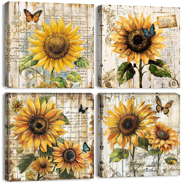 4 Piece Sunflower Canvas Wall Art Farmhouse Kitchen Pictures Wall Decor