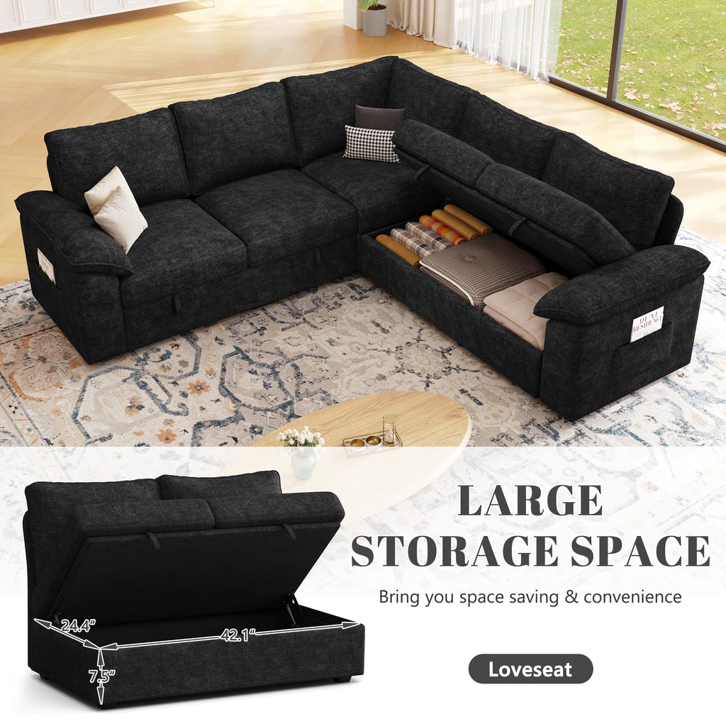 85'' Modular Sectional Sofa with Pull Out Bed, Sleeper Sofa, Black