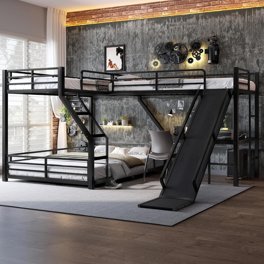 Twin XL Over Queen Bunk Bed Frame with Twin Loft Beds, Heavy Duty Triple Bunk Bed with Slide