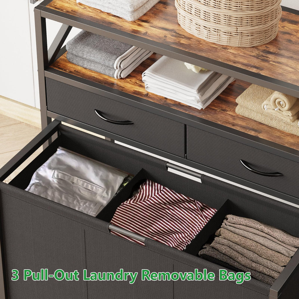 Laundry Sorter Hamper 3 Section with 2 Shelves & 2 Drawers