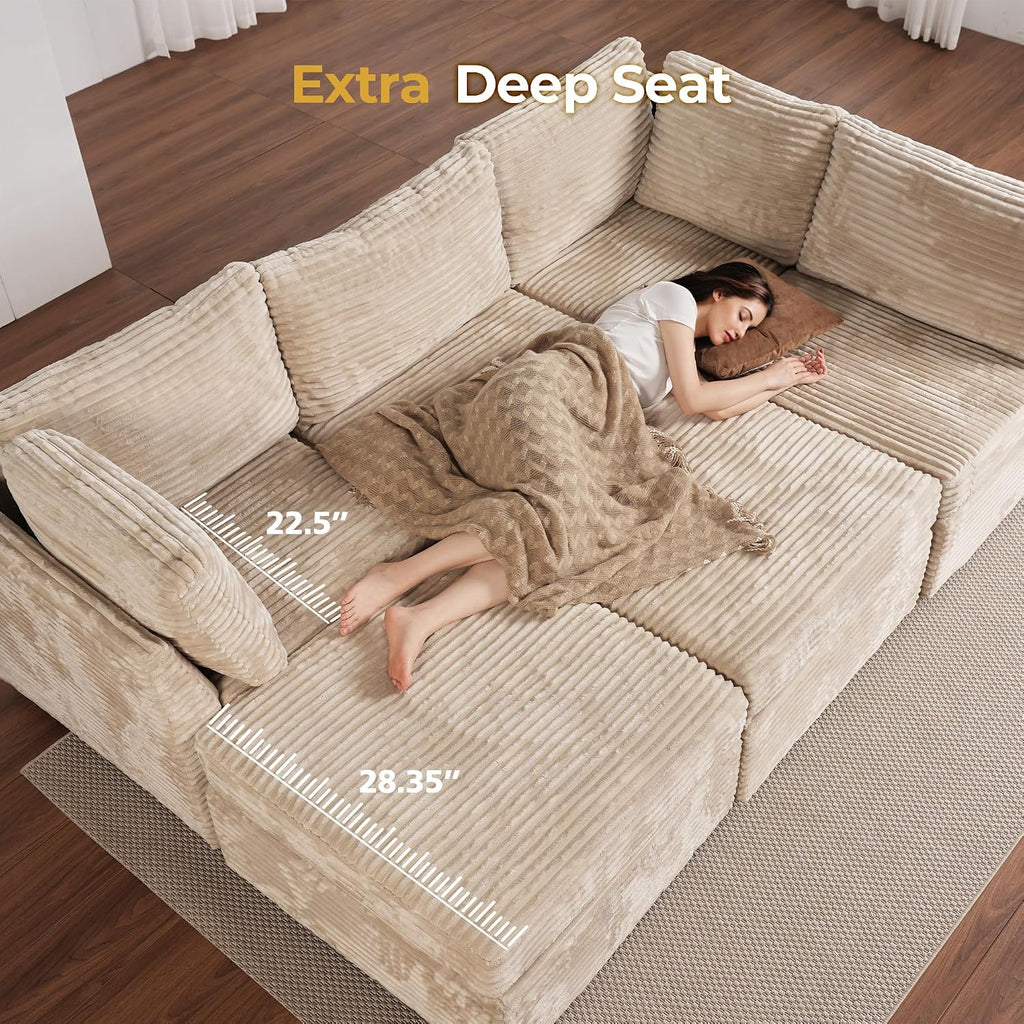 Modular Sectional Sofa,5 Pieces Sectional Couches ,98X98 L Shaped Cloud Couch Set(Beige Velvet Corduroy)