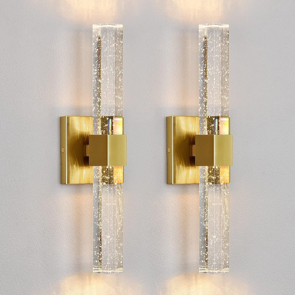 Gold Wall Sconces Set of Two - Bathroom Sconces Wall Lighting 14W Dimmable LED Crystal Wall Light with Bubble Glass