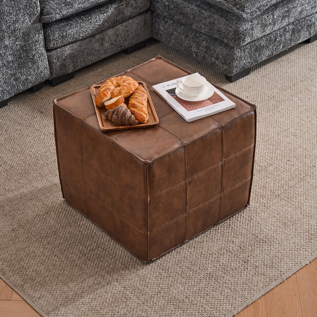 Square Genuine Leather Pouf Ottoman, No-Assembly Modern Footrest (Brown)