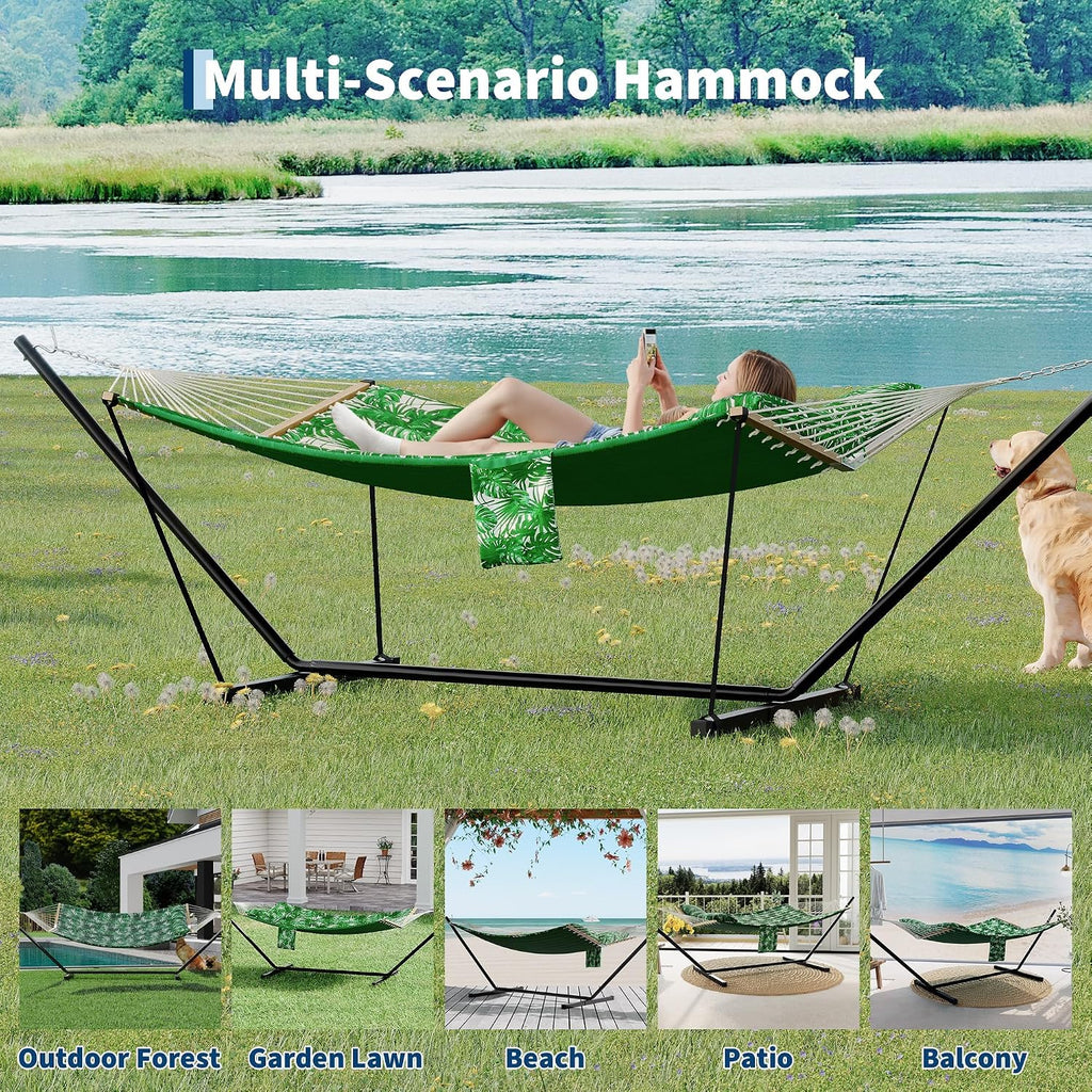 2 Person Outdoor Hammock with Stand, Green Banana Leaf Color | 450 LBS Heavy Duty Anti-Tipping Frame with Balance