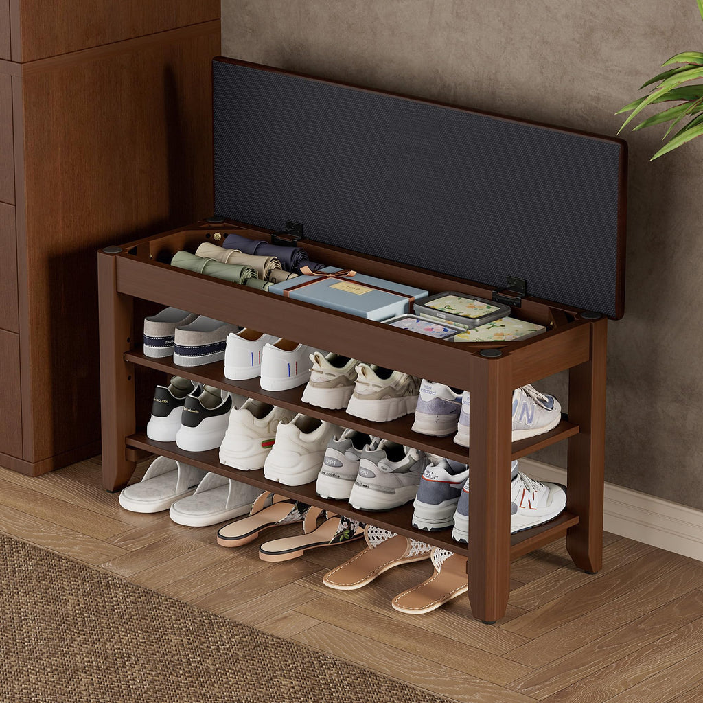 31.5" Wide Solid Wood Shoe Rack Bench with Flip-Top Storage