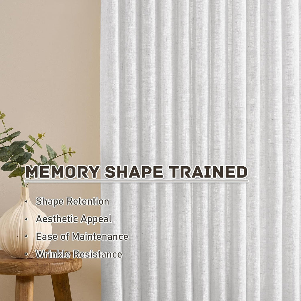 White Pleated Semi Sheer Drapes 50 x 92 Inch Length, Memory Shape Linen Textured Light Filtering Boho Neutral Back