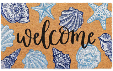 Seashell Beach Doormat Natural Coir Welcome Floor Mat Blue White Coastal Starfish Conch Non-Slip Entrance Door Rug