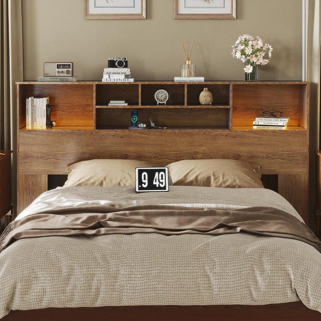 King Headboard Only, King Bookcase Headboard with Charging Station, Storage Wooden Head Board with USB & 2 Power