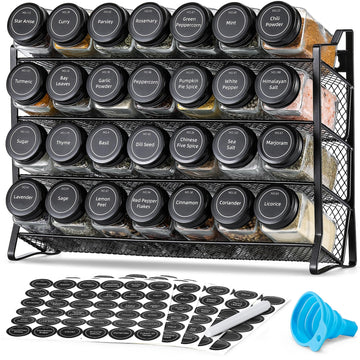 Spice Rack Organizer for Cabinet, Spice Organizer with 28 Empty Spice Jars with Black Lids, Funnel, Spice Labels