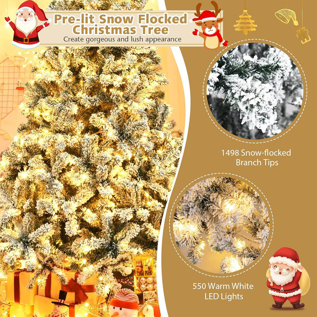 Pre-lit Snow Flocked Artificial Christmas Tree w/ 1498 PVC Branch Tips, Pre-Strung 550 Warm White Led Lights