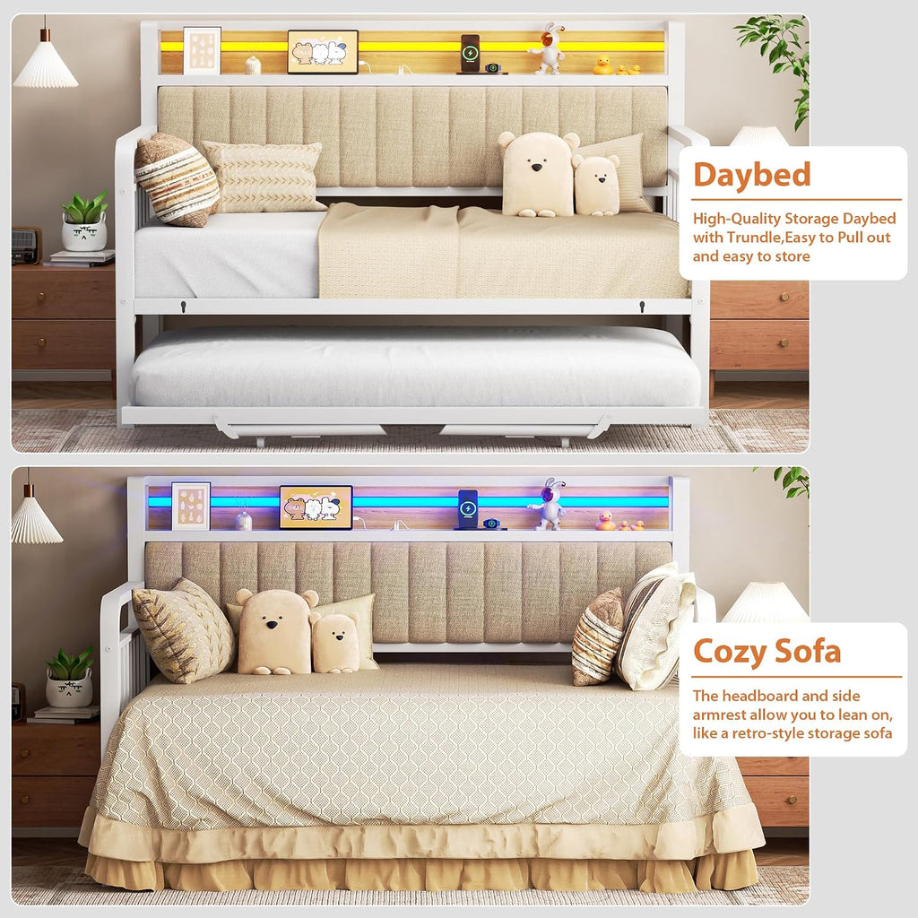 Daybed with Trundle and LED Light, Heavy Duty Metal Twin Bed Frame with Upholstered Storage Headboard & Charging