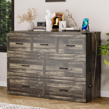 Queen Size Murphy Bed, Cabinet Bed with Charging Station, Multi-Functional Foldable Platform Bed with 1 Large Storage