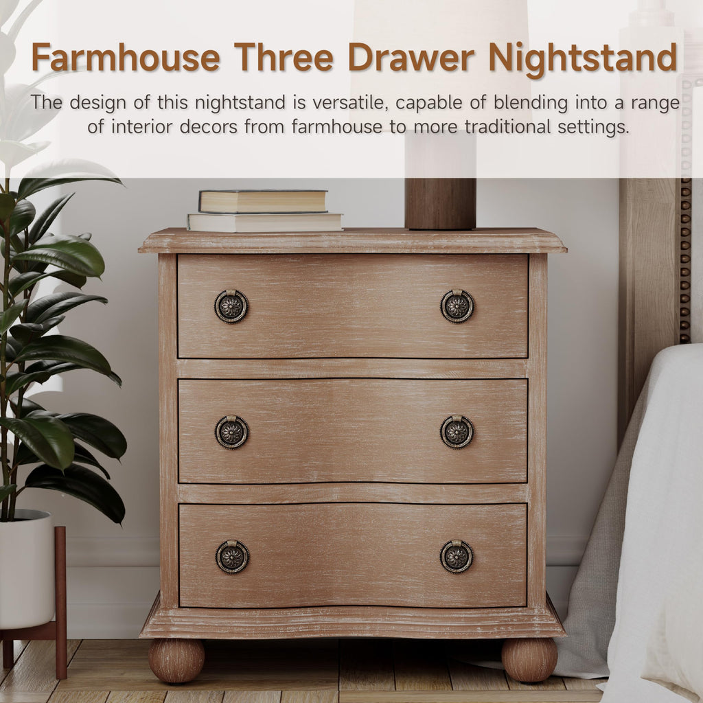 Rustic Farmhouse 3 Drawer Nightstand, Almost Fully Assembled, Brown