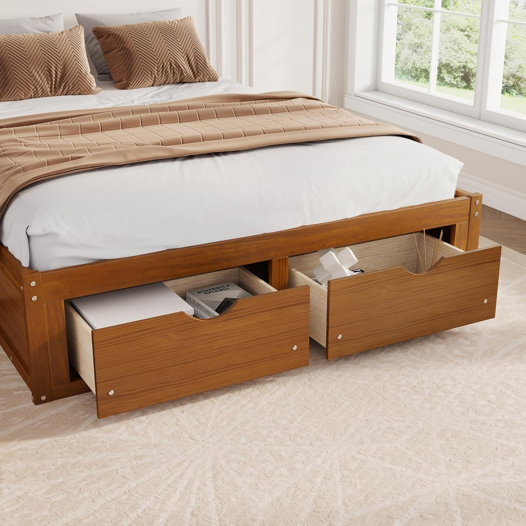 Japanese Wooden Bed Frame Queen with 6 Storage Drawers (Walnut, Queen)