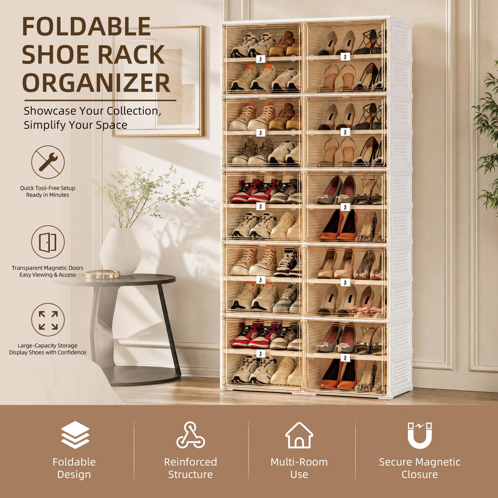 Shoe Rack, 40-Pair Foldable Shoe Storage Cabinet, Magnetic Doors