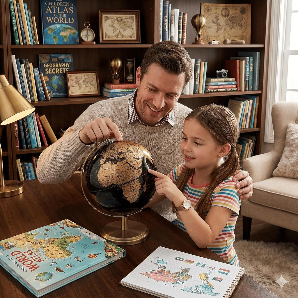 6 Inch Small World Globe with Antique Bronze Stand Black Gold Earth Desktop Decor for Kids & Adults Geography