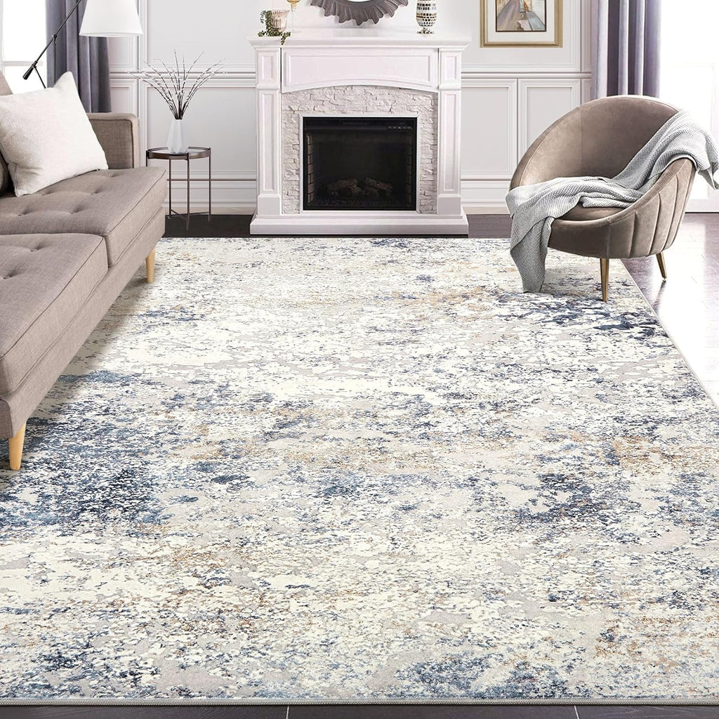Area Rug Living Room Rugs - 8x10 Abstract Large Soft Indoor Washable Rug Neutral Modern Low Pile Carpet
