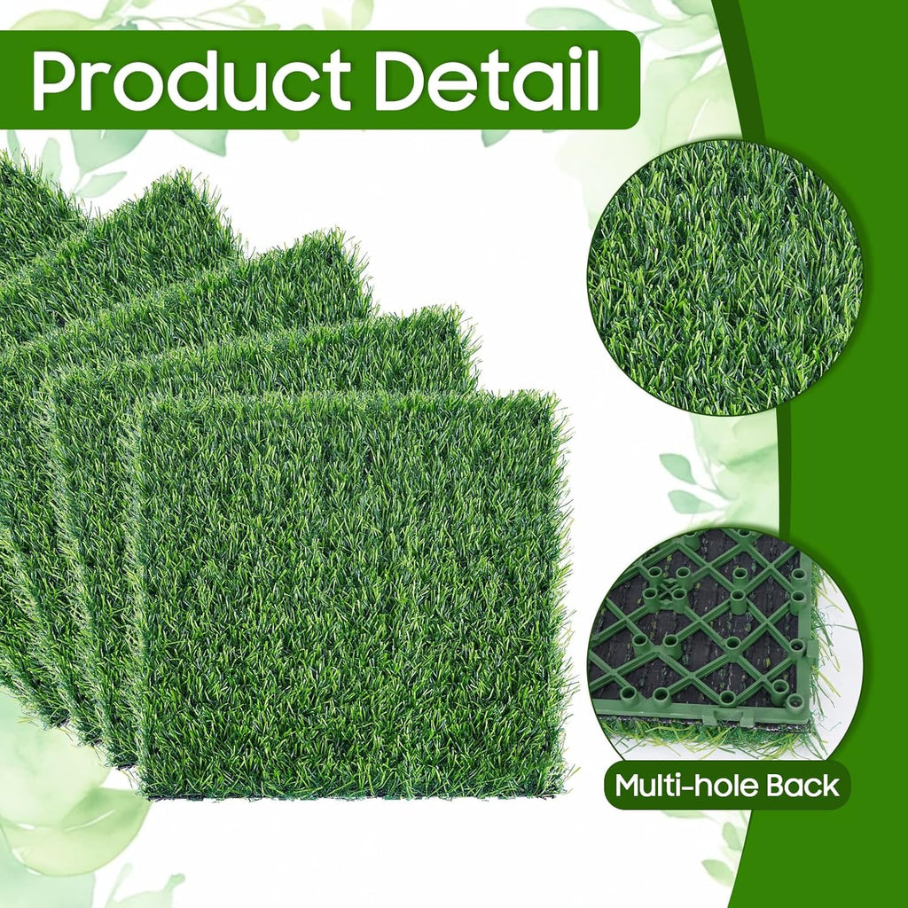 Artificial Grass Interlocking Deck Tiles 9 Pack 12"x12" Fake Turf Grass Outdoor Tiles with Drainage Holes Waterproof
