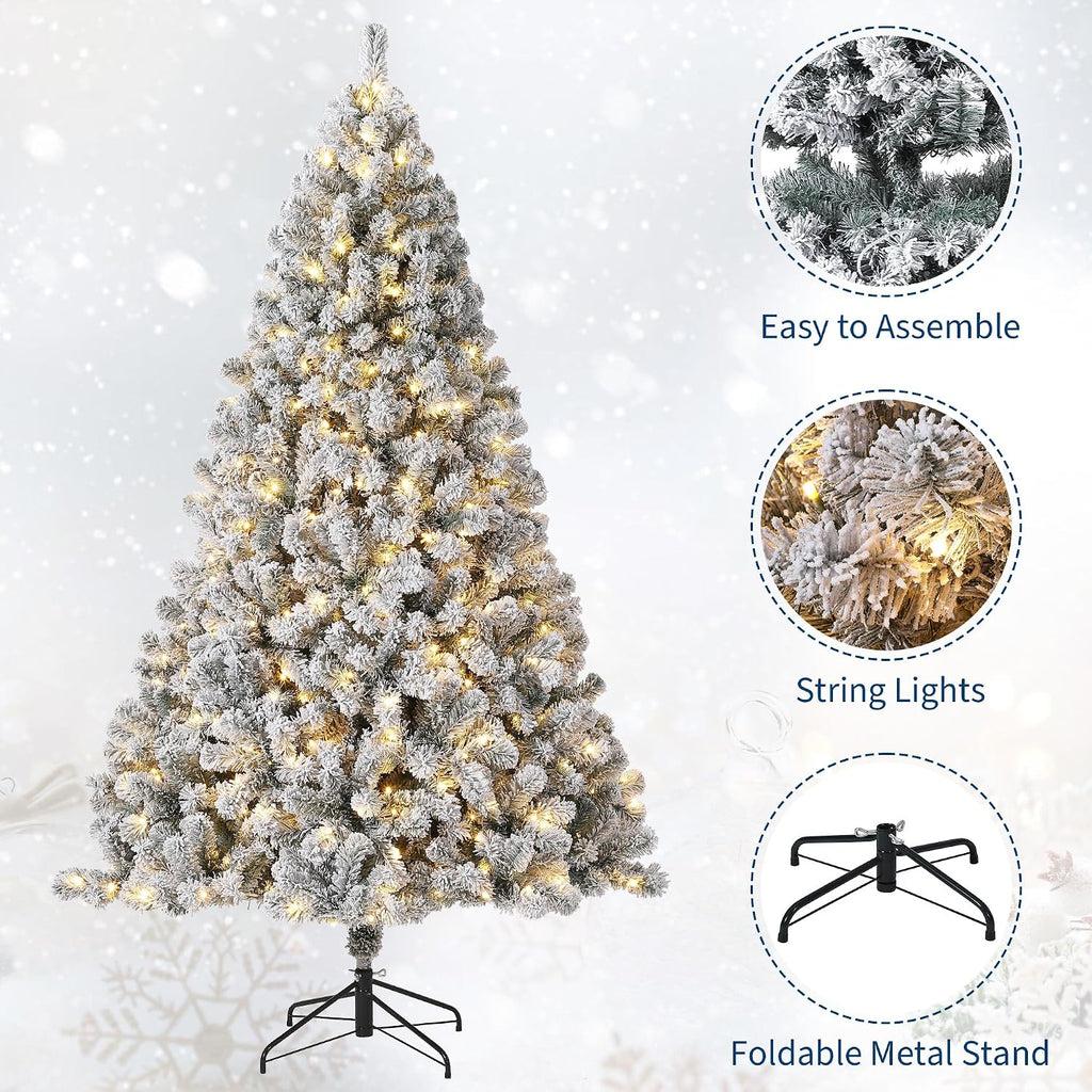 Pre-Lit Flocked Artificial Christmas Tree with Warm White Lights, Pure PVC Material, Hinged Branches for Easy