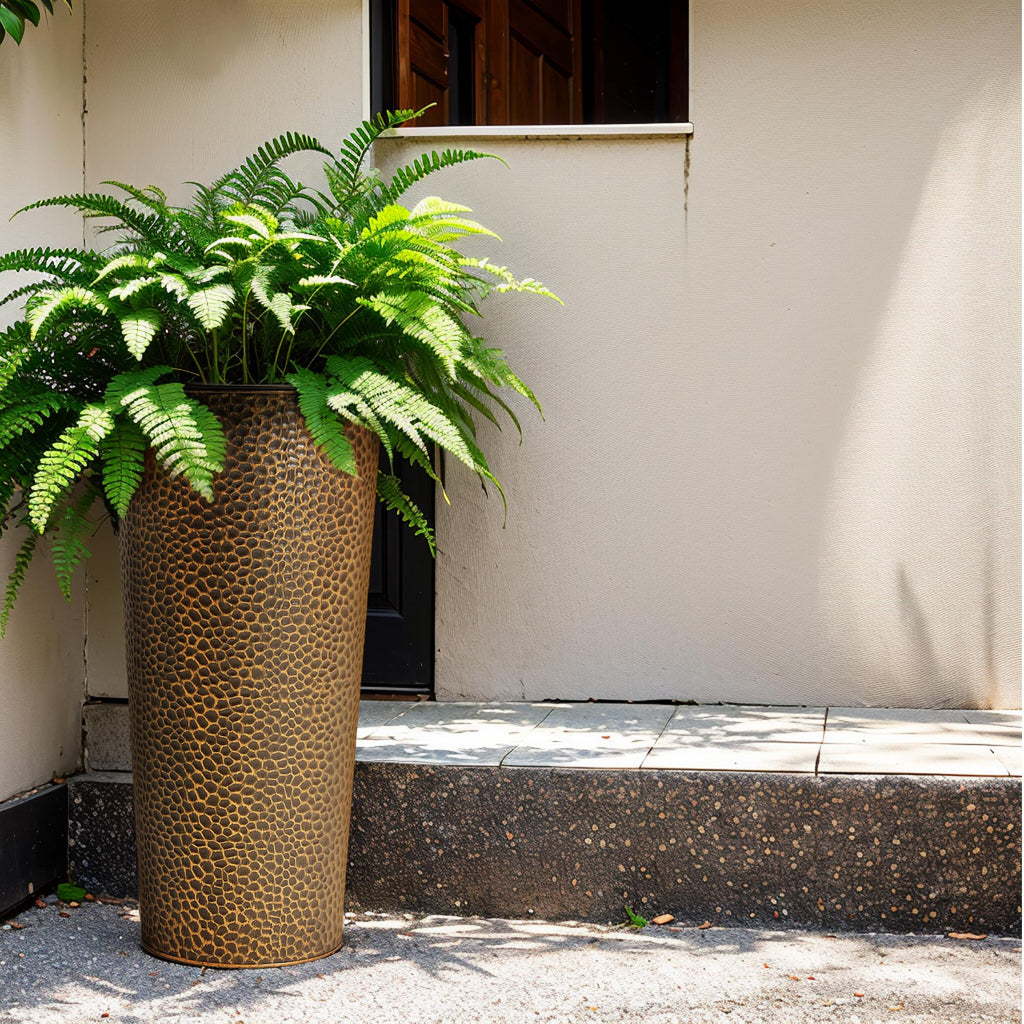 25" H. Metal Hand-Hammered Planters with Inner Pots 2-Pack, Bronze Decor Planter for Deck, Patio, Porch - Galvanized