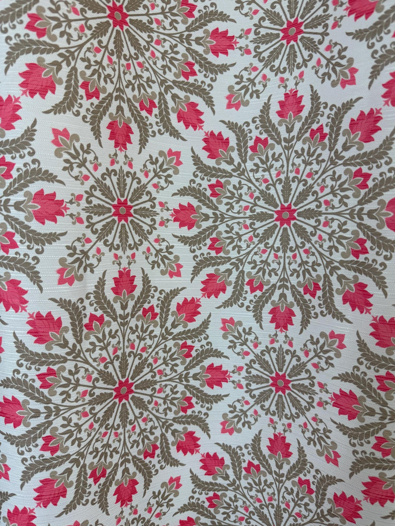 Pink Fabric Shower Curtain : Floral Geometric Medallion Design Taupe Tan with Pink Fringe/Tassels 70" x 72"