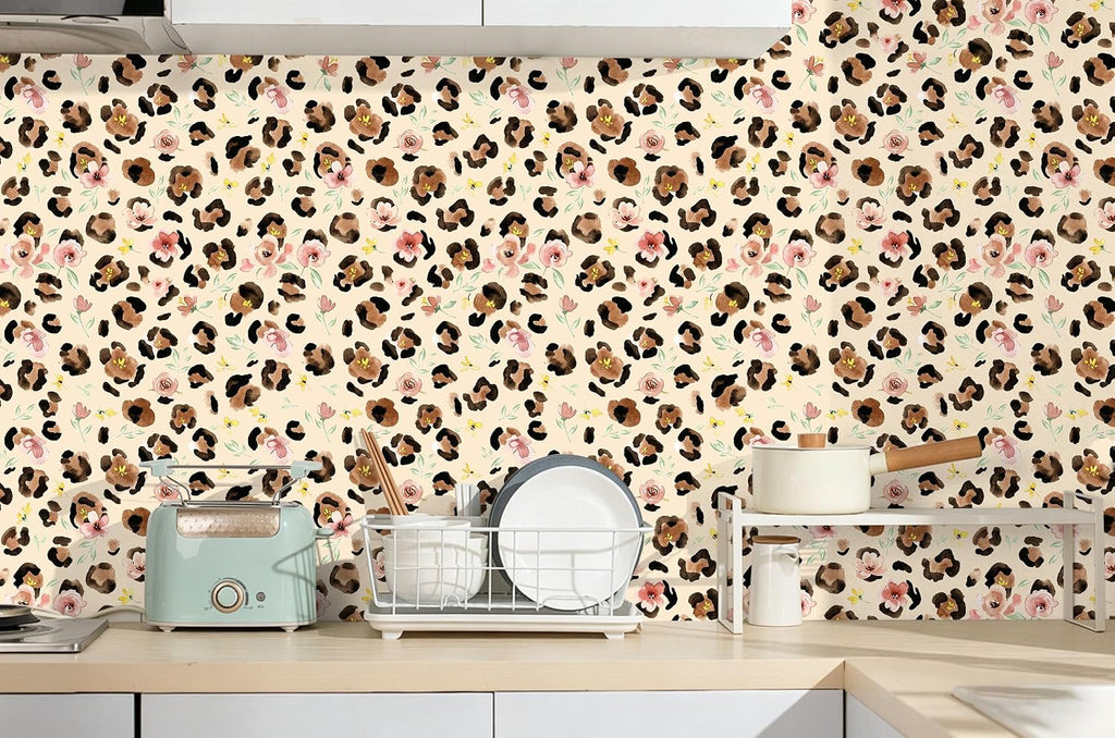 Floral Cheetah Print Peel and Stick Wallpaper Boho 17.3in x 32.8ft | Renter Friendly Self Adhesive Removable Chic