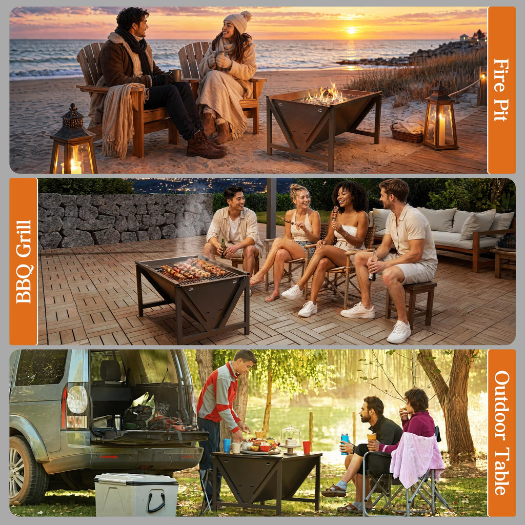 Outdoor Fire Pits with Poker, Square Wood Burning Firepit Bowl