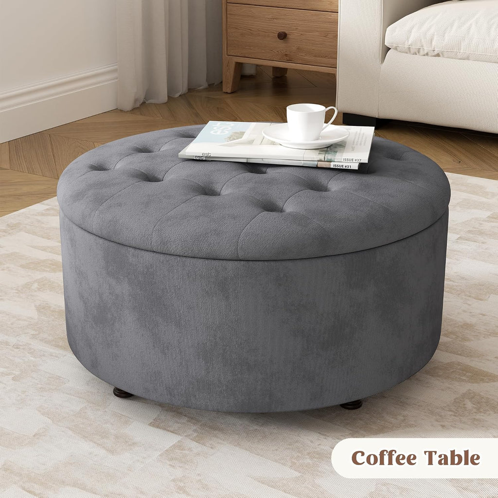 30 Inch Round Storage Ottoman,Modern Tufted Ottomans,Circular Coffee Table with Removable Top,Upholstered Large