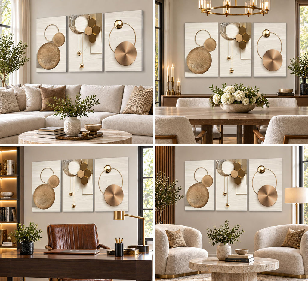 3 Pcs Abstract Gold Geometric Boho Canvas Wall Art 12x16in