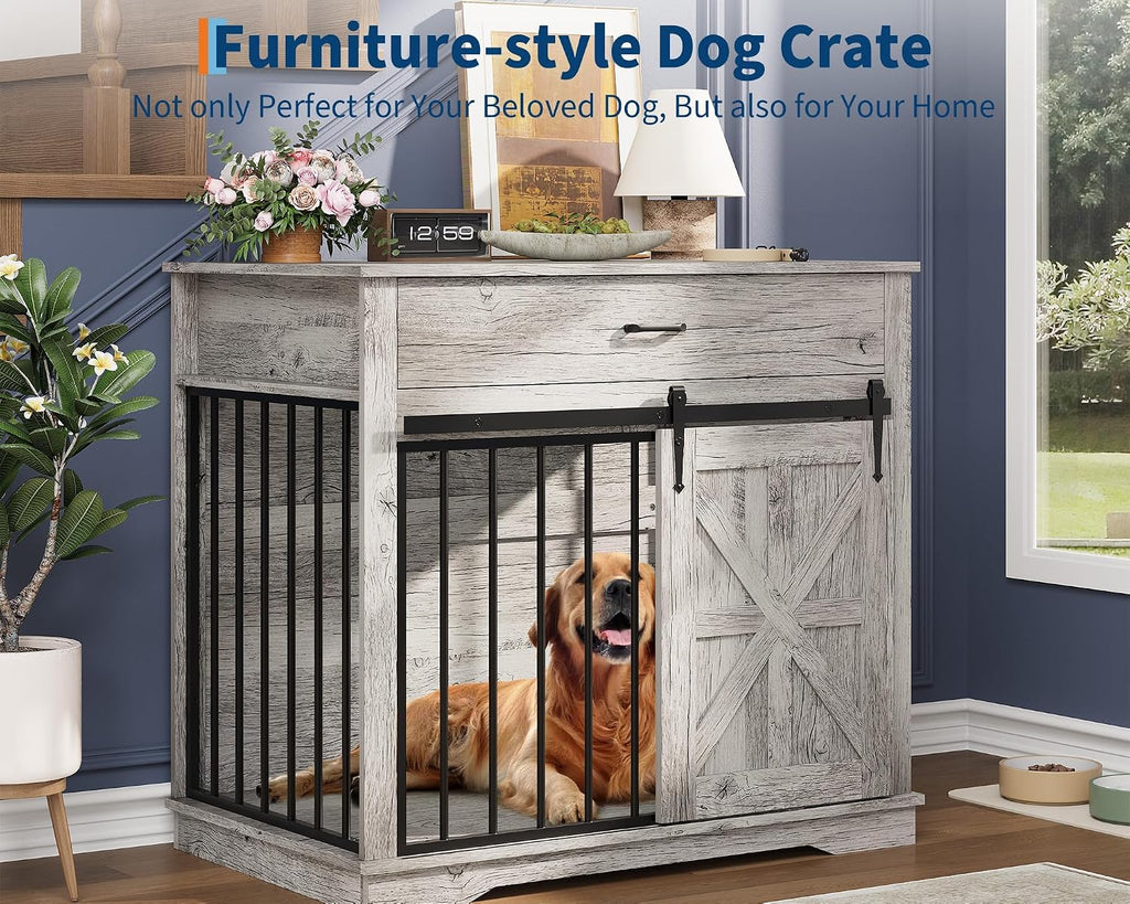 37.8" W Dog Crate Furniture for Small/Medium Dogs, 2-in-1 Iron-Wood Fusion Dog Cage Indoor As Side End Table