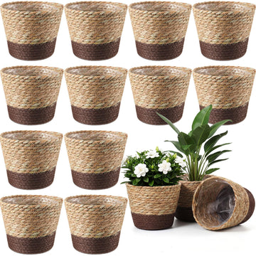 12 Pcs Wicker Plant Basket Bulk with Liners Woven Planter Baskets Bulk for Indoor Outdoor Seagrass Plants Woven