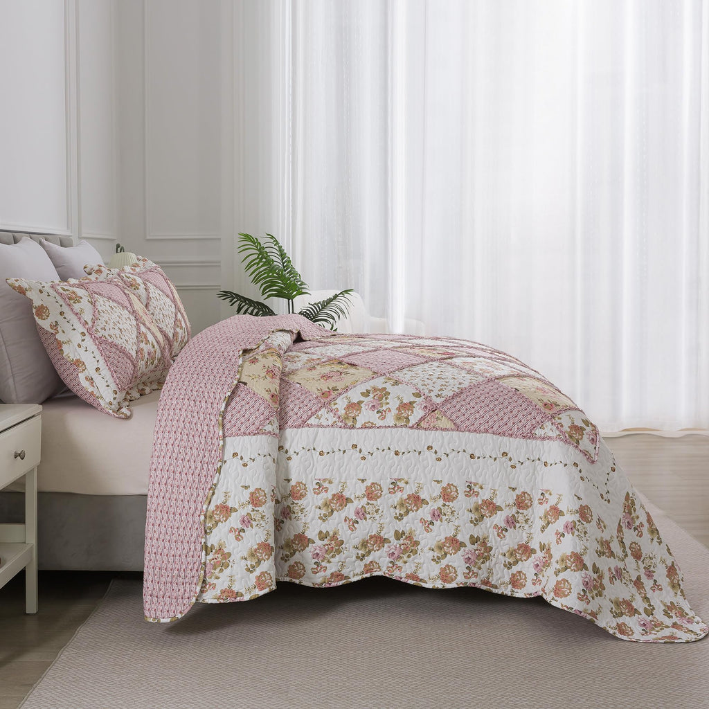 Quilt Bedding Sets - Floral Quilt Bedding Sets 3-Piece 90x96, Lightweight Bedspreads Patchwork Coverlet Rustic