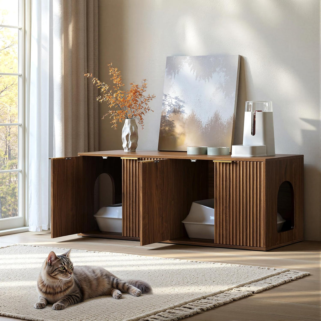 47.2" Walnut Litter Box Enclosure Furniture for 2 Cats