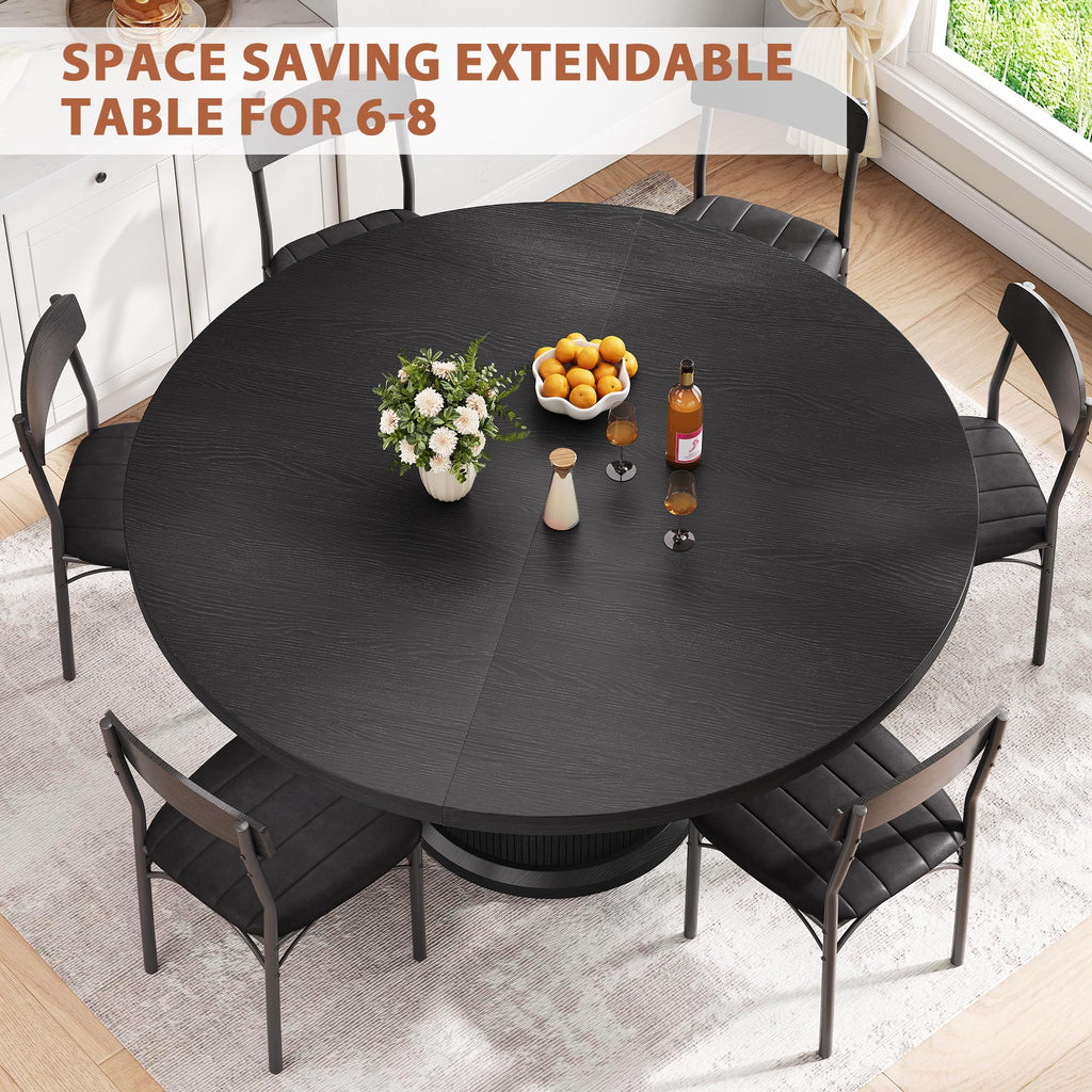 Extendable Round Kitchen Dining Room Table for 4-6 with 2-Tier Storage Shelf, 63'' Space Saving Expandable Wood Oval