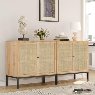 Set of 2 63" Sideboard Cabinet with Natural Rattan Doors, Buffet Console & Accent Cabinet, Rattan Credenza Storage