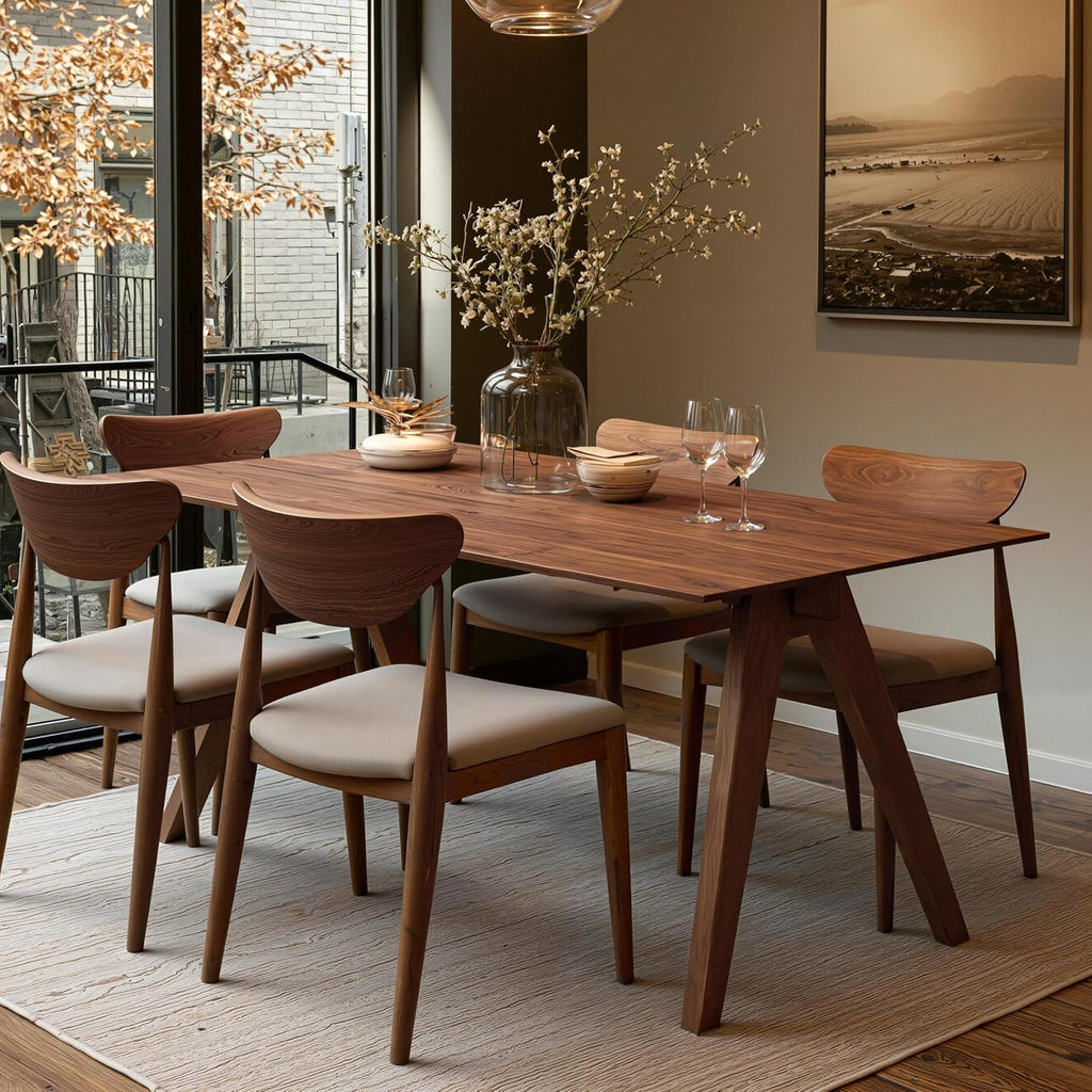 Farmhouse Rectangular Dining Table for 6 People, Modern Mid-Century Walnut Kitchen Dinner Tables Furniture, Natural