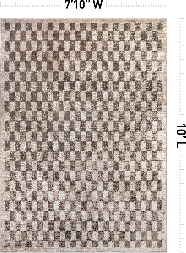 Contemporary Checkered Grid Textured Area Rug Beige